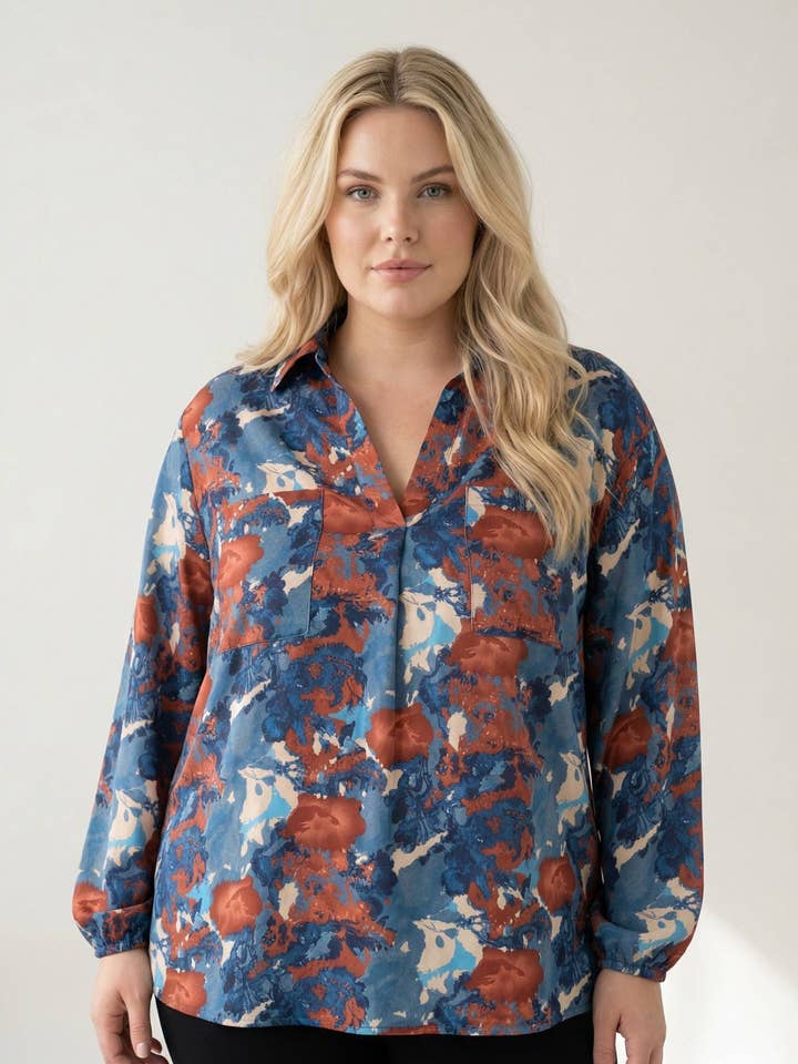 Plus size blue printed shirt (C6632) for wholesale by Pomme Rouge Paris