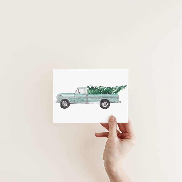 Liz Pope Designs - Wholesale Christmas Card - Truck with tree, hand painted greeting card, Holiday Card1