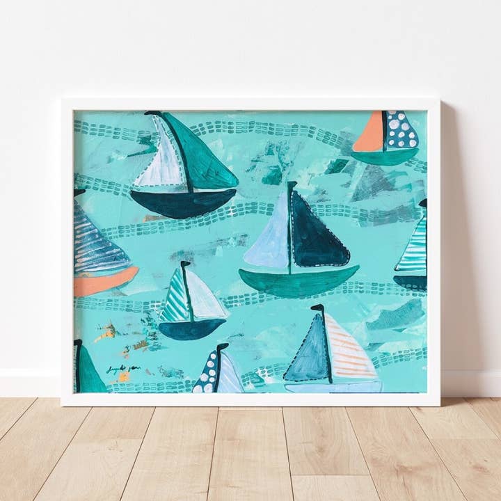 Teal Green & Peach Sailboats for wholesale by Jengadi Jean Co.