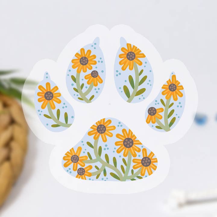 Dog Paw Blue Sunflowers Clear Waterproof Vinyl Sticker for wholesale by Paper Pattern Silk