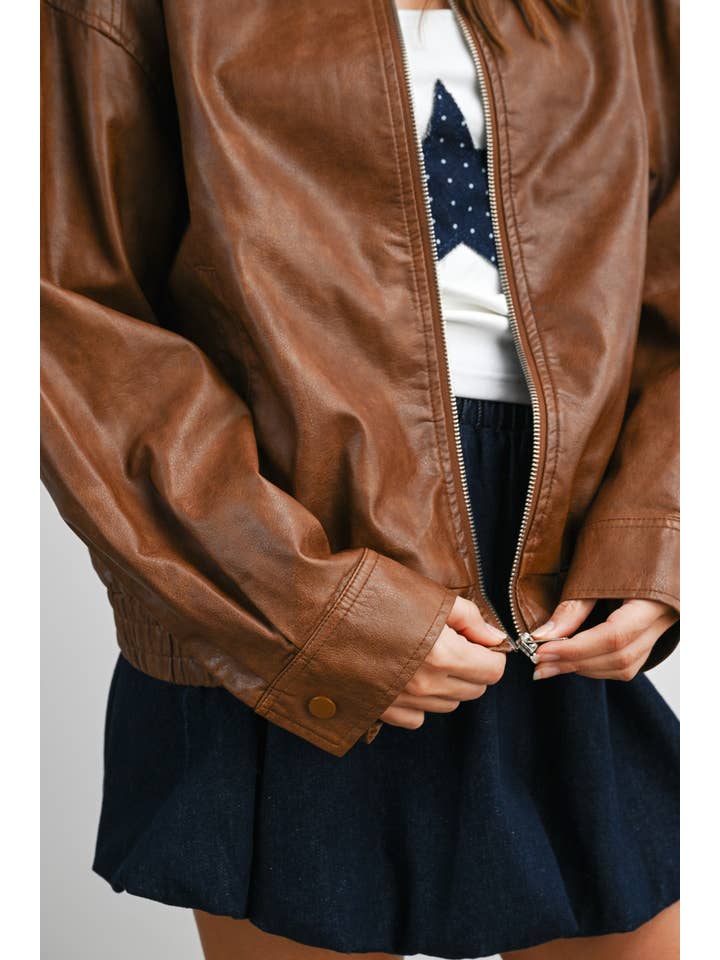 BUTTERMELON - Wholesale Jacket - Women's - Collared Zip-Front Leather Jacket - BMJ796836