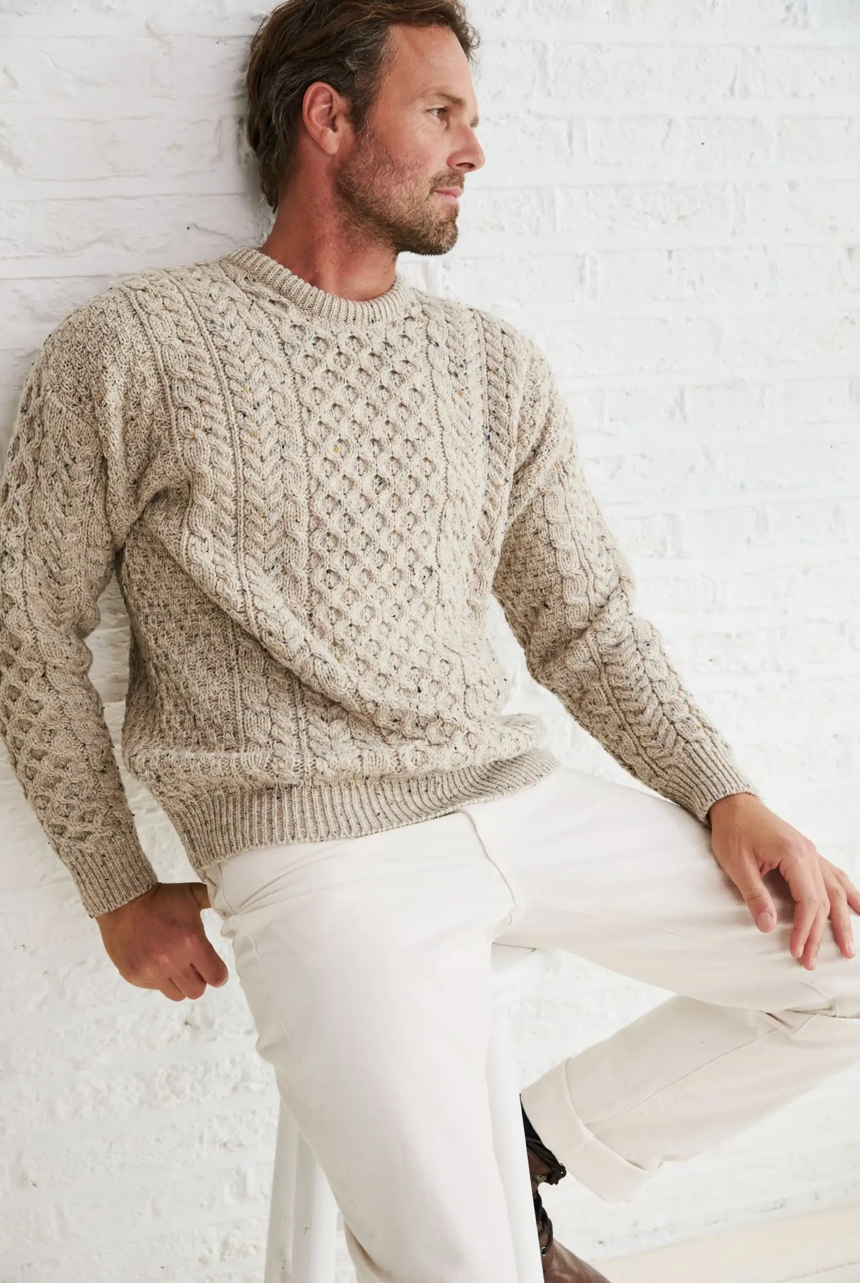 Aran Woollen Mills - Wholesale Knit Sweater - Men's - Inishbofin Mens Traditional Aran Sweater -  Flecked Oat4