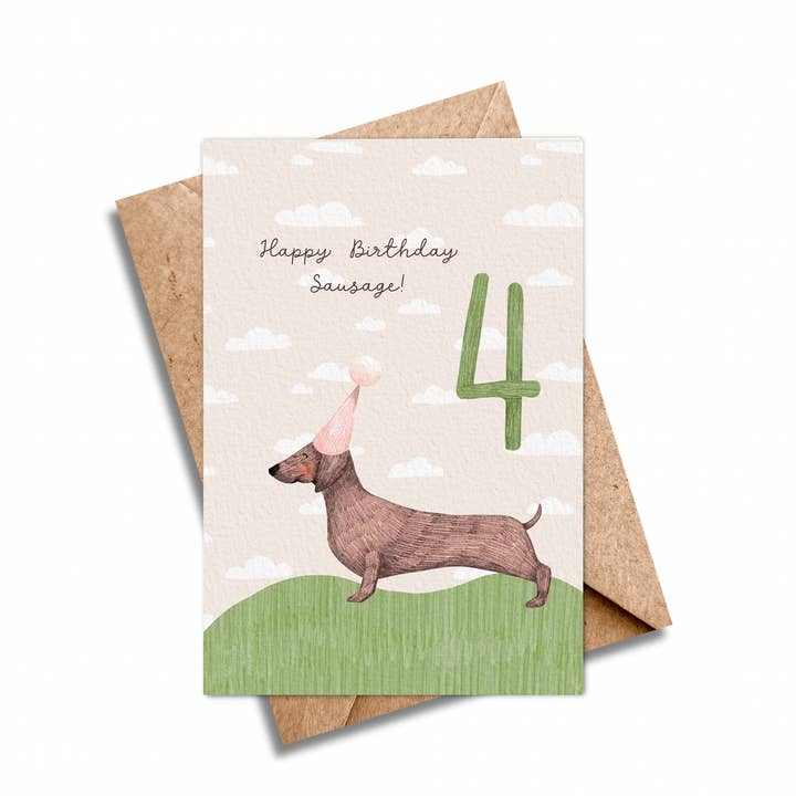 Ilana Ewing Designs - Wholesale Birthday Card - Age 4 Sausage Dog Birthday Card - Children Age’s Card2
