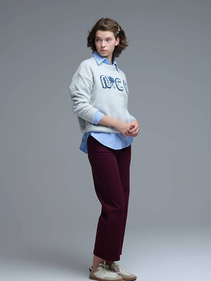 GRAY Grey Round Neck Sweater With Embroidered Nice for wholesale on Faire2