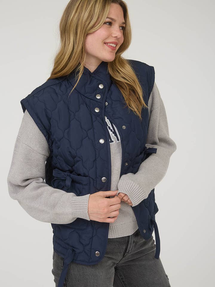 Blu Pepper - Wholesale Outerwear Vest - Women's - TIE DETAIL SNAP BUTTON DOWN QUILTED PUFFER VEST 30