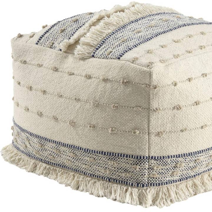 HomeRoots - Wholesale Ottoman - 18" Ivory and Navy Blue Cotton And Wool Striped Pouf Ottoman4