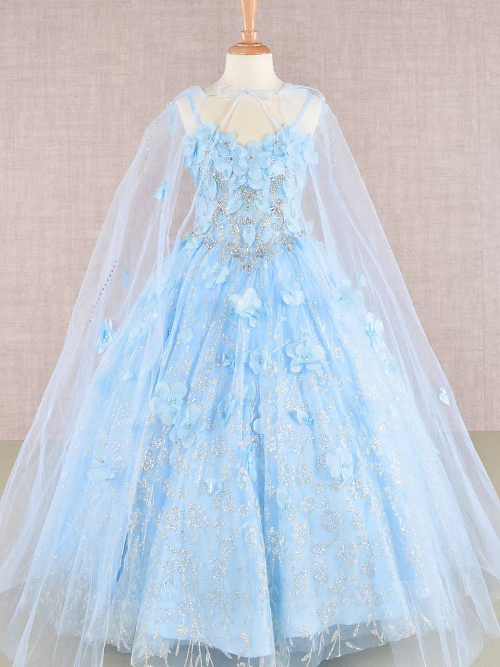 3D-jurk met bloemenapplicatie en Jewel Mesh voor kinderen met lange mesh-mantel voor wholesale door Tux-USA®