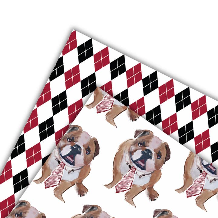 Bulldog Wearing Neck Tie Argyle Reversible Gift Wrap Sheets for wholesale by Hey Y'all Party