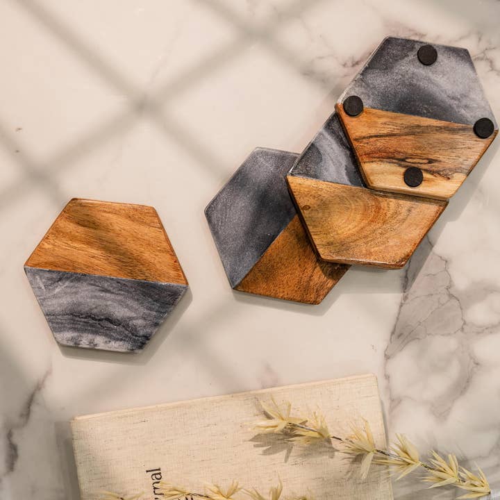 LuxeDesigns Co LLC - Wholesale Coasters - Artisan Marble and Wood Hexagon Coaster Set of 4 - Black4