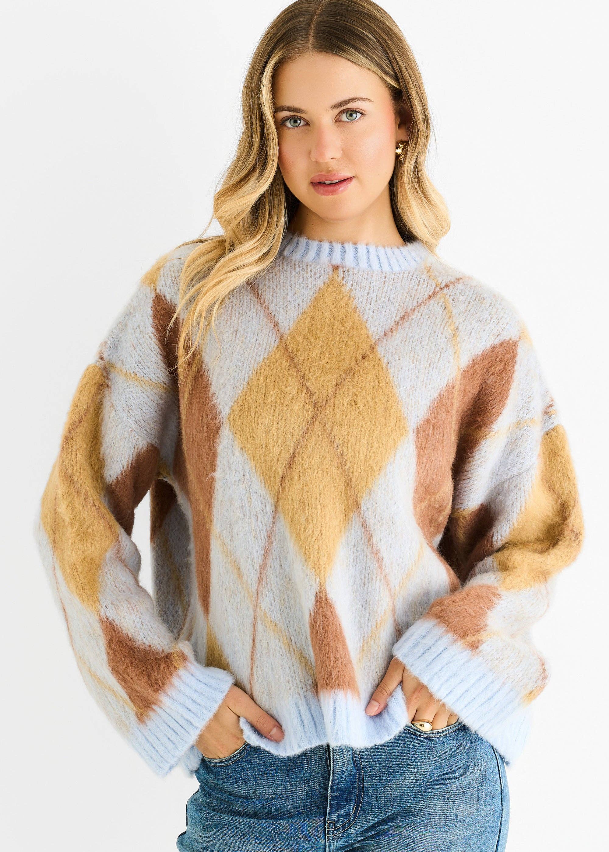 GINI LONDON - Wholesale Knit Sweater - Women's - Blue Argyle Knit Round Neck Jumper1