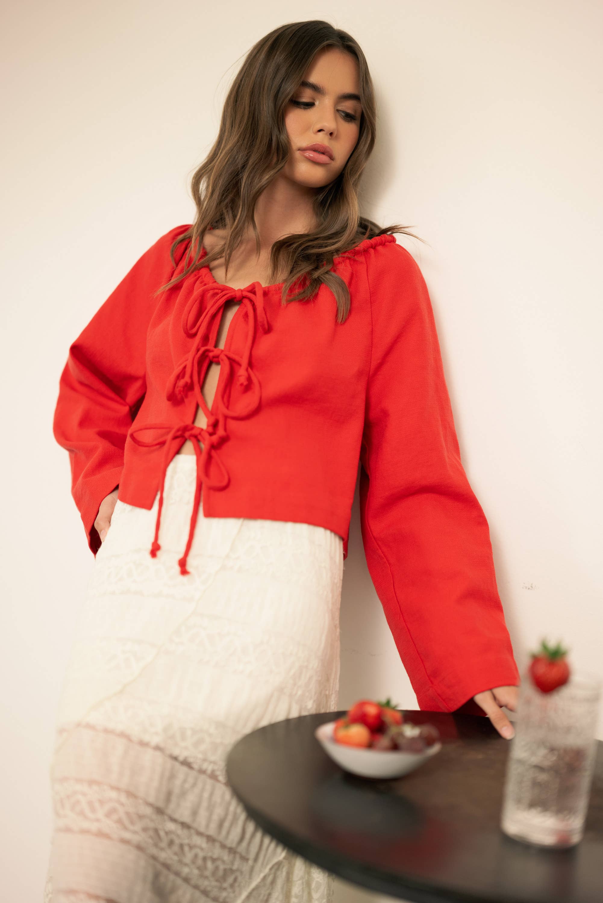 MIOU MUSE – Großhandel Strickjacke – Damen – Leinenmischung Cardigan mit Bindeband vorne13