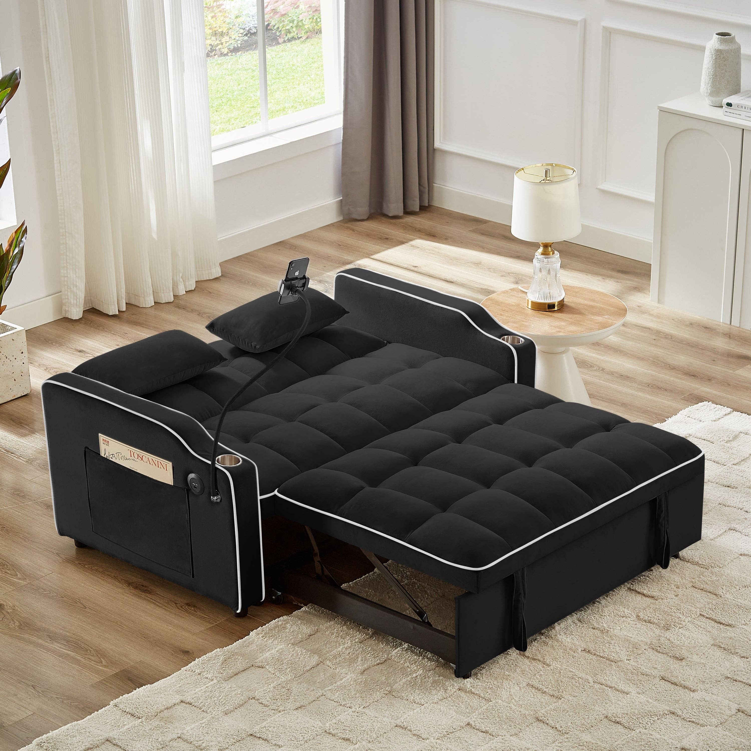 39F Inc. - Wholesale Sofa - Black Foldable Velvet Sofa Bed with USB and Storage2