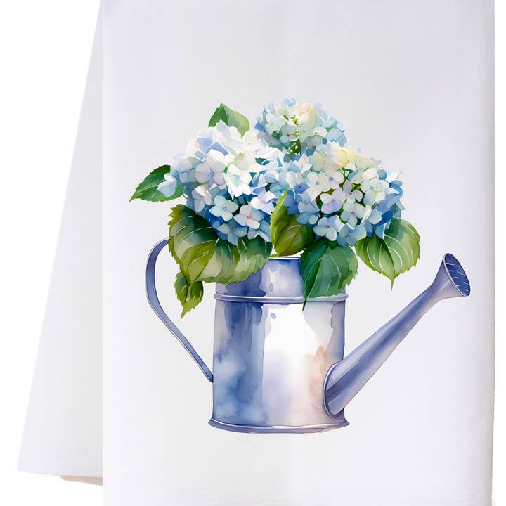 Hydrangeas In Watering Can Kitchen Towel for wholesale by Cora & Pate