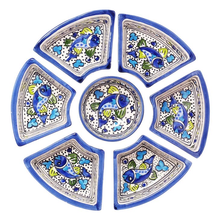 Sobremesa - Wholesale Condiment/Dip Bowl - Blue Fish Hand Painted Ceramic Tapas Chip & Dip Server3