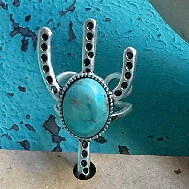 Bague ajustable en pierre naturelle de cactus avec double bande pour la vente par Ranchy Roan Boutique