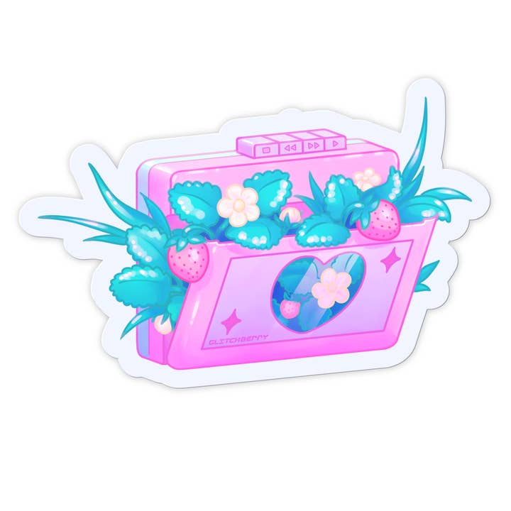 Strawberry Cassette Vinyl Sticker for wholesale by Glitchberry