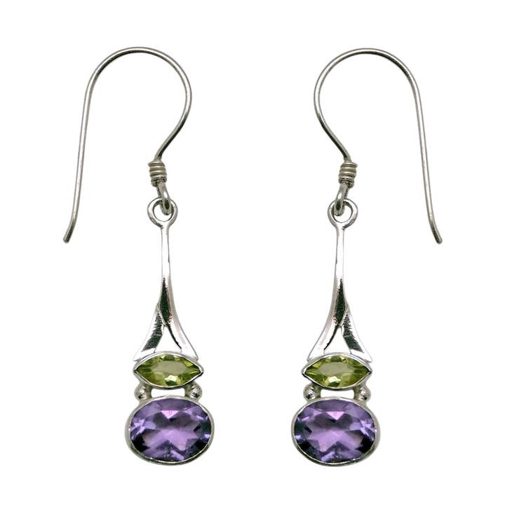 (341CPEAM) Peridot and Amethyst Horizon Drop Earrings for wholesale by Vera Wolf