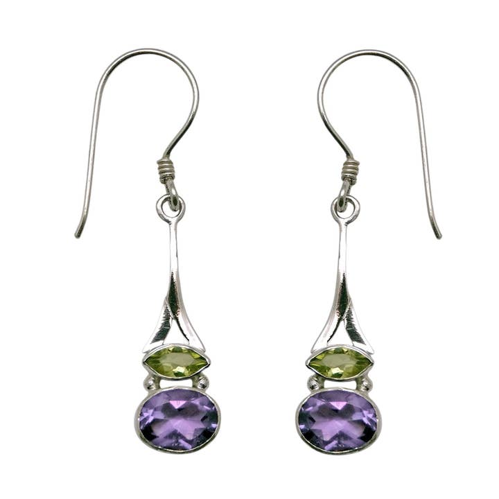 (341CPEAM) Peridot and Amethyst Horizon Drop Earrings for wholesale by Vera Wolf