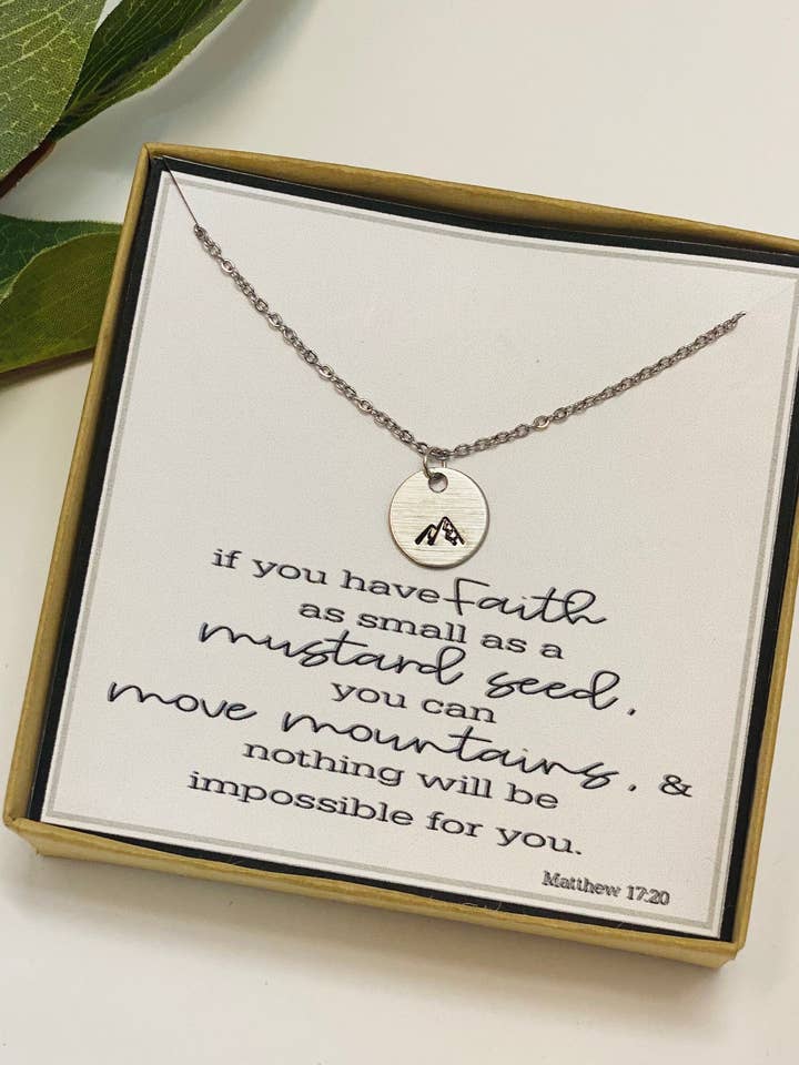 Mountain Necklace, Mountain Jewelry, Encouragement Gift, Christian Jewelry, Faith Necklace, Mustard Seed Necklace for wholesale by Little Happies Co