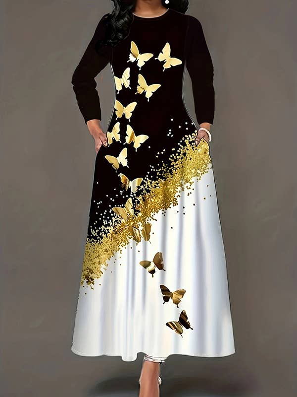 BLACK A-Line Long Sleeves Butterfly Print Pockets Round-Neck Maxi Dresses for wholesale on Faire0