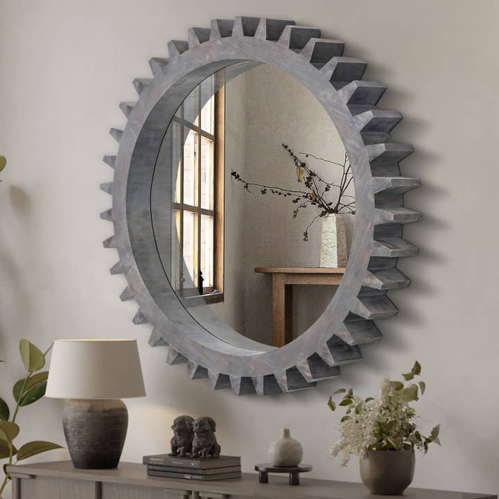 Dark Brown Vintage Wood Round Hanging Gear Shape Decorative Mirror for wholesale on Faire