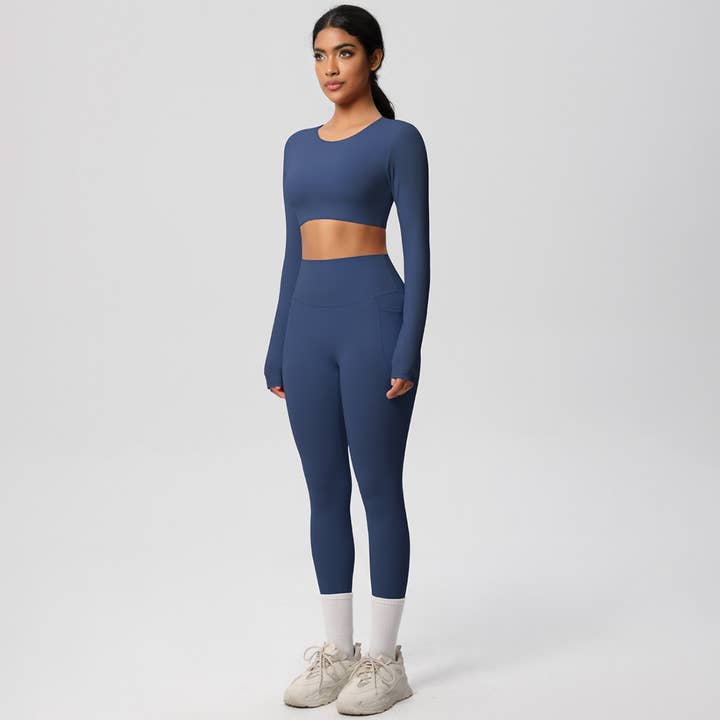 Sodalemon - Wholesale Activewear Set - Women's - Women High-Waist Yoga Set:Cropped Long Sleeve Top + Leggings9