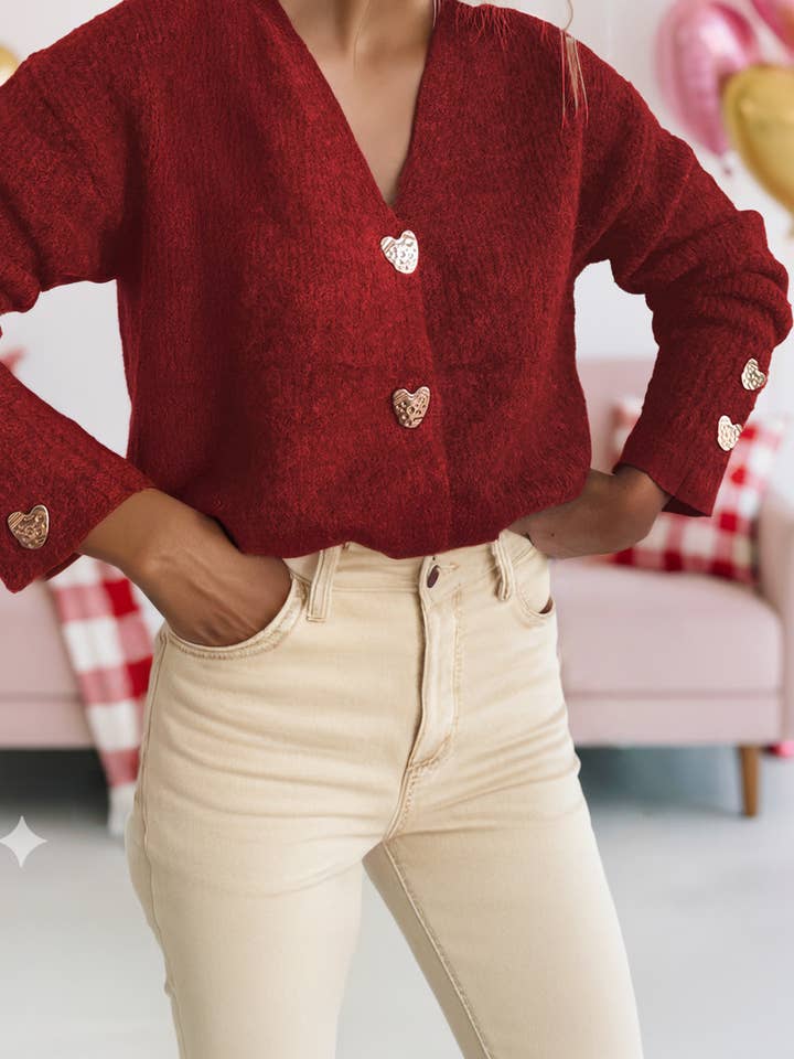 Valentine Heart Metal Button V Neck Cardigan Sweater for wholesale by fashionworks