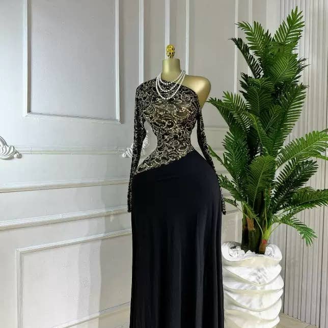 Pré-encomenda! Vestido Elegante Assimétrico de Manga Comprida com Estampado por atacado de Ladylande