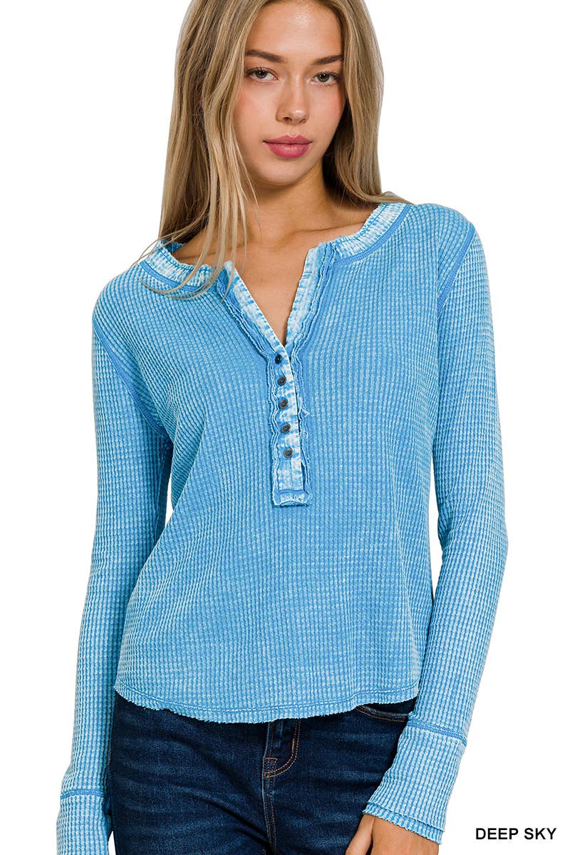 Apolline - Wholesale Knit Top - Women's - Washed Baby Waffle Henley Long Sleeve Top - Back Patch15