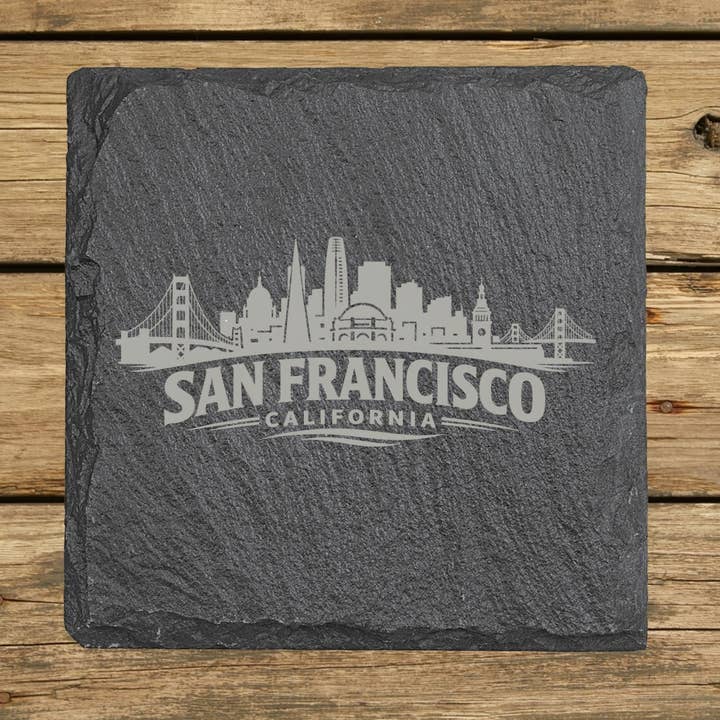 San Francisco Skyline Leisteen Onderzetter | 4x4 Geëtst Leisteen voor wholesale door Beach, Cats & Wine
