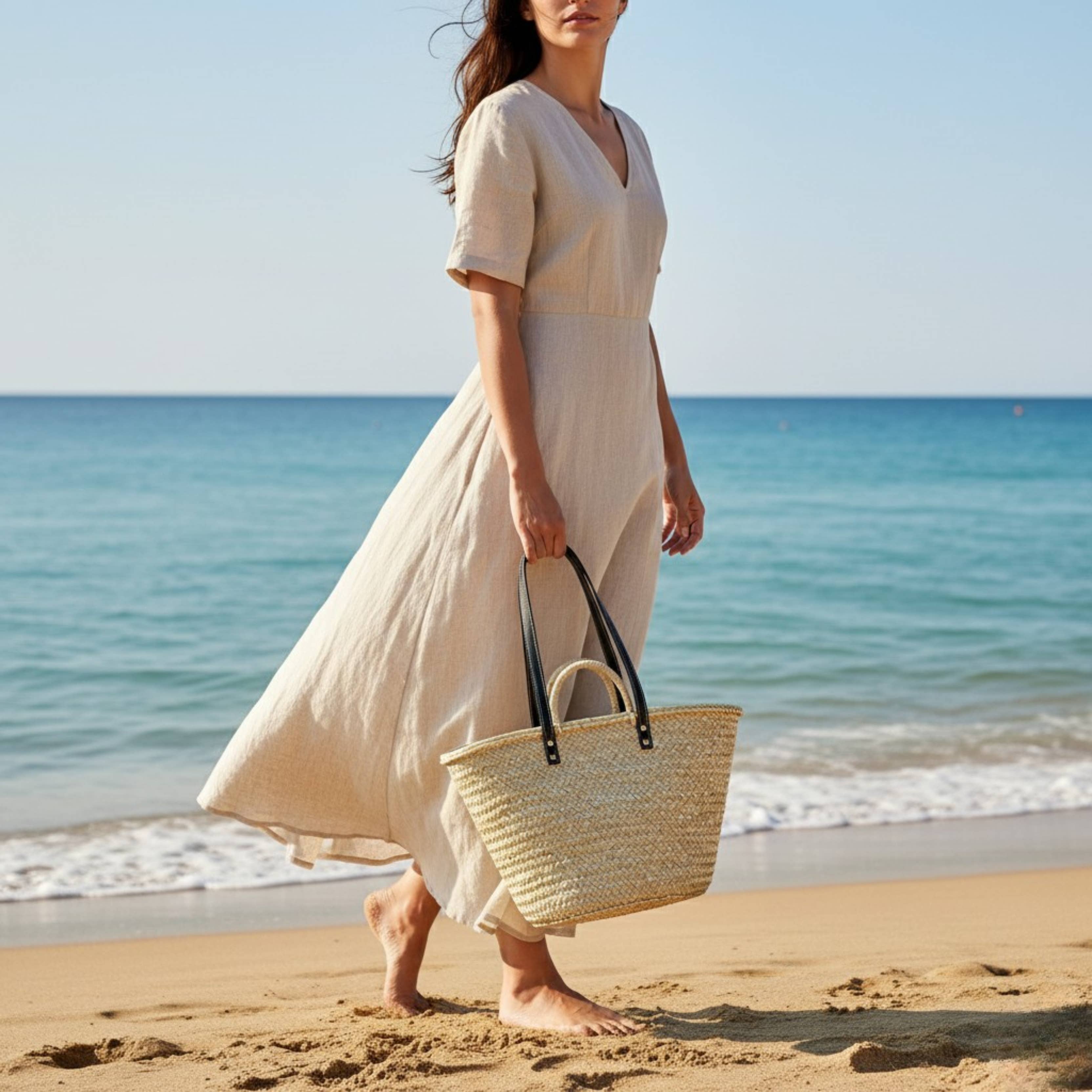 LeBazare – Saco de praia por atacado – Cesta de Mercado Francesa Feita à Mão com Alças Longas de Couro Preto3