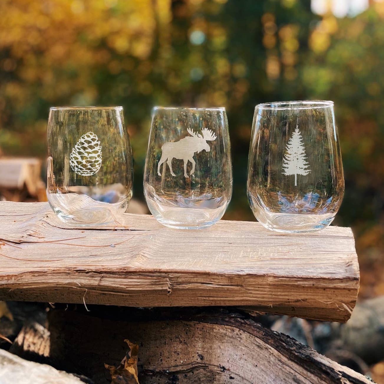 Woodland Etched Stemless Wine Glasses | Lake + Forest Gifts for wholesale by Reclaimed Maine Co.