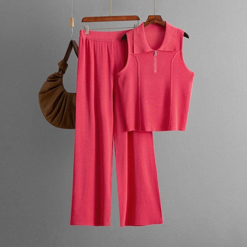 OceanusSwim – wholesale Top & pants set (NOT Loungewear) – Women's – Knit Zip Neck Vest High Waist Pants Set0