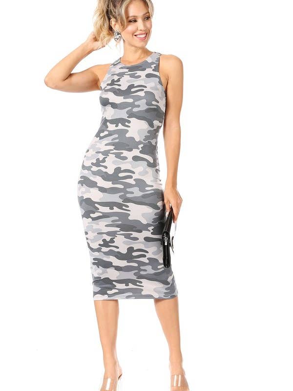 Camouflage Bodycon Midi Dress for wholesale by VIBE Apparel Co