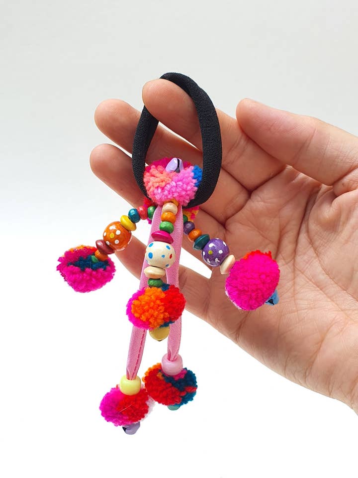 Tribal Pom Pom Hair Tie Boho Style for wholesale by Beige & Co Thai Crafts