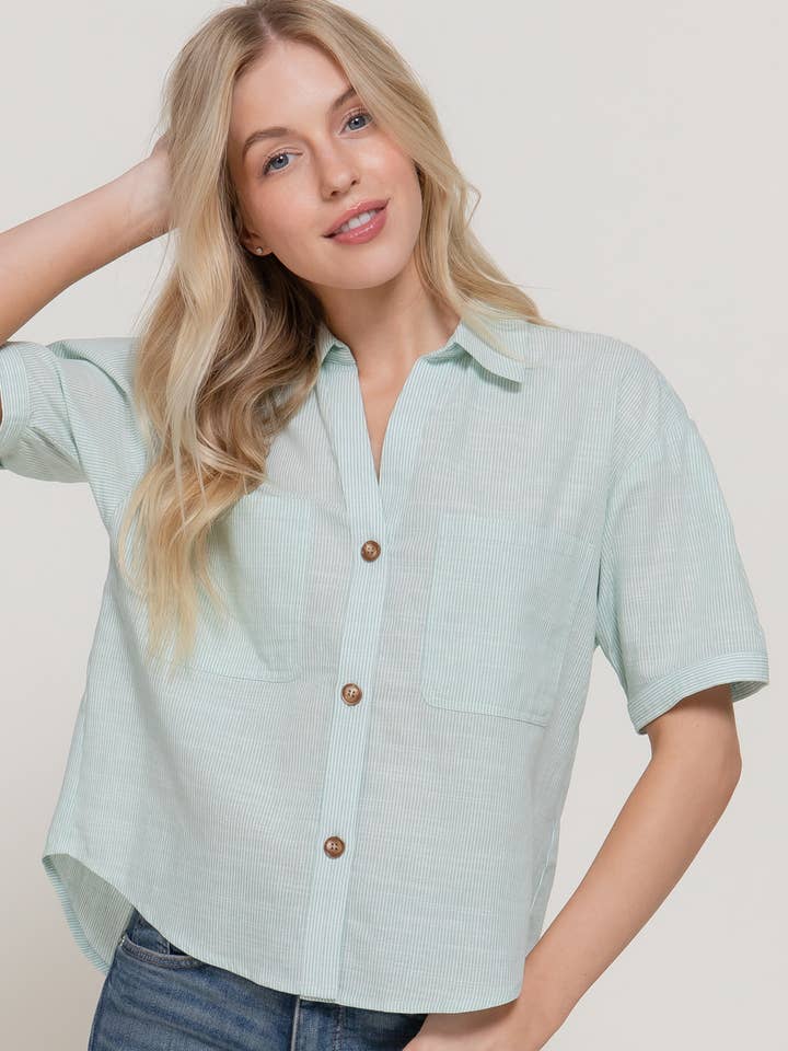 Short Sleeve Button Down Y/D Striped Woven Shirt for wholesale by Active Basic | Active USA