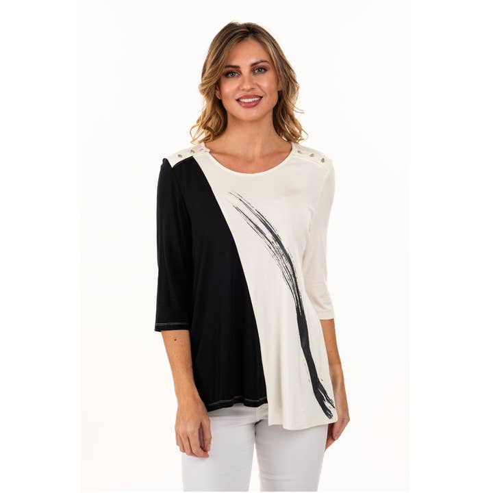 Handprinted Round neck top w/button detail @ shoulder for wholesale by Lemon Grass