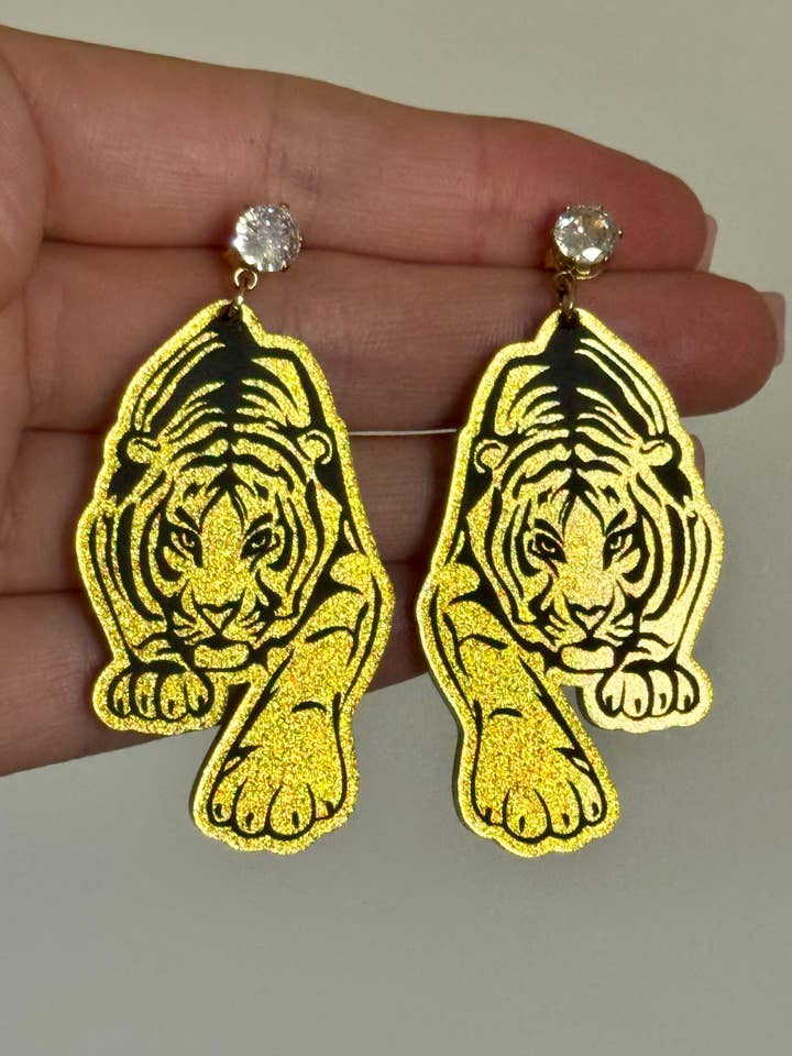 Gold Black Acrylic Tiger Football Gameday Earrings for wholesale by Louie Love