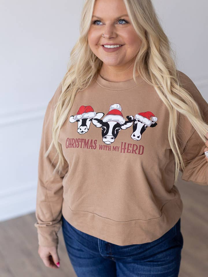 "Christmas With My Herd" on Carmel Macchiato Tan Cropped Sweatshirt for wholesale by GRACE+EMMA by Southern Grace