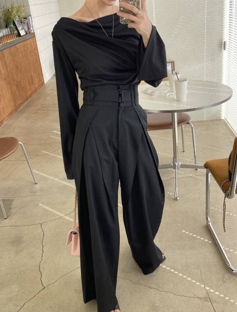 safistyle - Vente Pantalon – femme - Pantalon large plissé à taille haute0