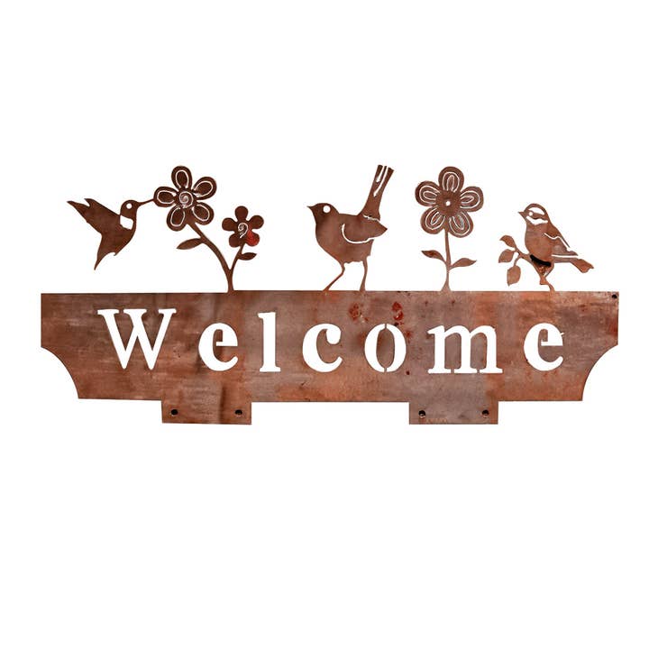 Mtl Rust/Nat Welcome Bird HBR Garden Art for wholesale by California Home & Garden
