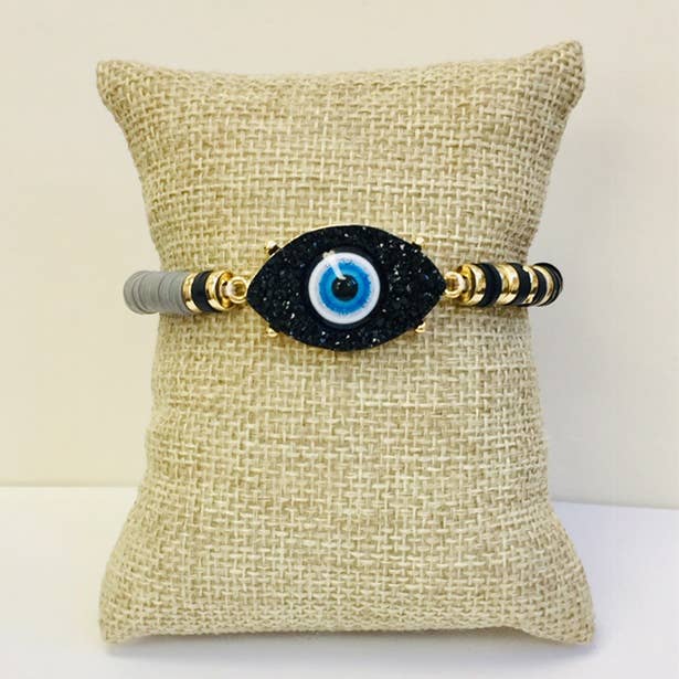 StarryNYC - Vendita all'ingrosso Bracciale con perline - Ciondolo Evil Eye Druzy con braccialetto elasticizzato con perline Heish 0