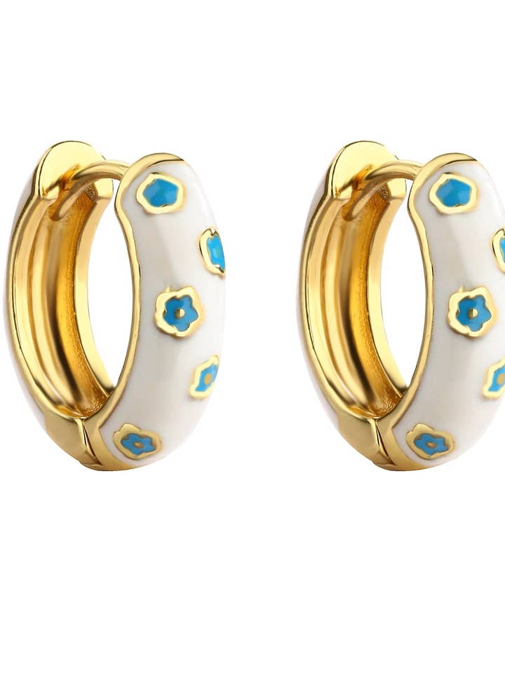 Jane White Enamel Hoop Earrings with Blue Flowers for wholesale by Greenwood Designs