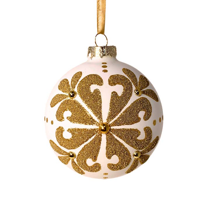 White Glass Ornament with Gold Snowflake 4" for wholesale by David Christopher's Collection