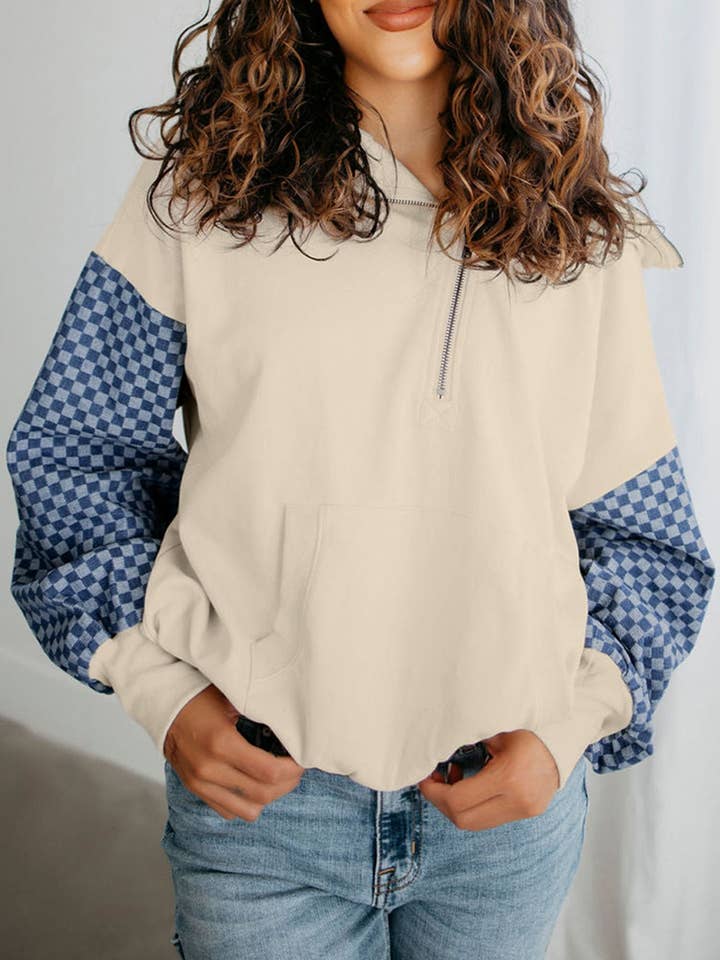 Lovesoft - Wholesale Hoodie – Women's - Checkered Patchwork Kangaroo Pocket Half Zipper Hoodie3