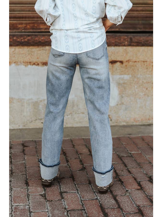 LUCKY & BLESSED - Wholesale Jeans - Women's - Vintage Stone Wash Distressed Cuffed Boyfriend Jeans