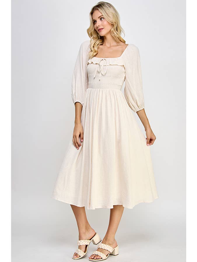 Million Colors - Wholesale Dress - Women's - Juliet Midi Dress 3/4 Sleeves Smocked Ruffles Elastic Cuffs