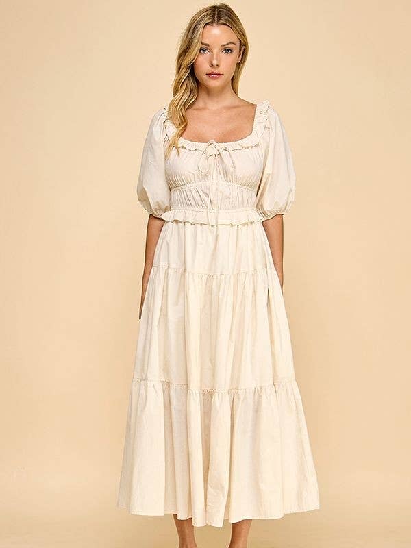 Geruite midi-jurk met ruches, pofmouwen en ruches in lagen voor wholesale door Million Colors