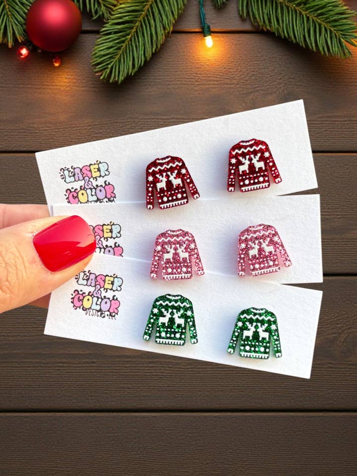 Ugly Sweater Earrings, Christmas Studs for wholesale by Laser & Color Designs LLC