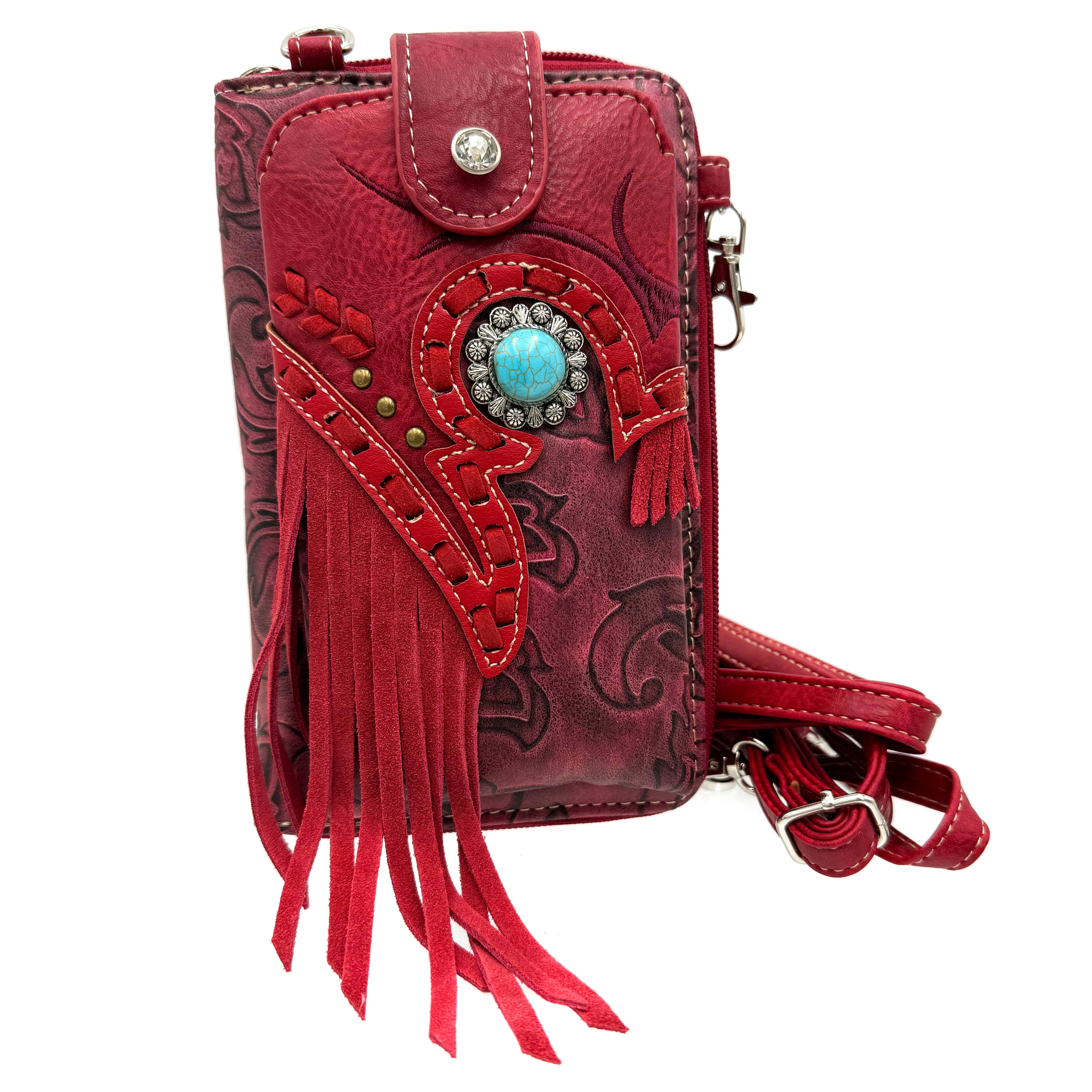 Lunar Deer - Wholesale Phone Wallet - Women's - Turquoise Concho Fringe Crossbody Western Phone Wallet3